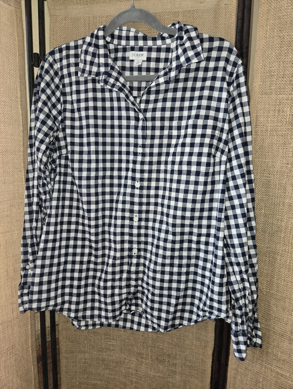 Women's J. Crew Navy and White Check Gingham Button-Down Shirt Large